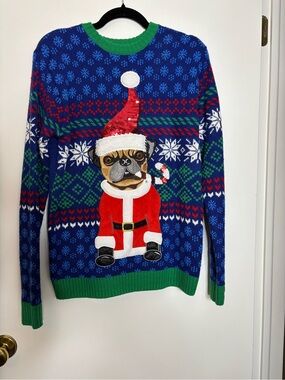Men's Blue Pug Santa Crewneck Sweater - Holiday Knit Pullover